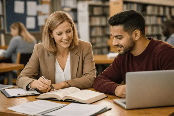 University tutor guiding Bristol student on dissertation research in library with books and laptop