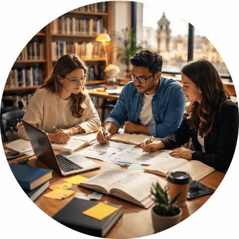Students working on dissertation research with academic guidance in Edinburgh university setting