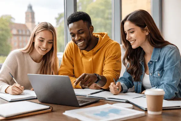 Three university students in Leeds collaborating on dissertation research with laptops and notes, representing academic support and study guidance.