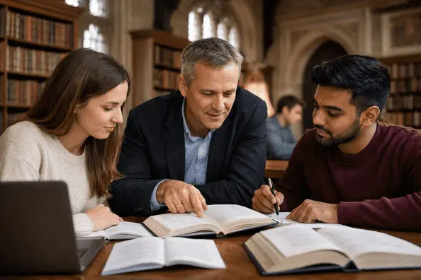 Oxford dissertation help students receiving academic guidance in university library UK