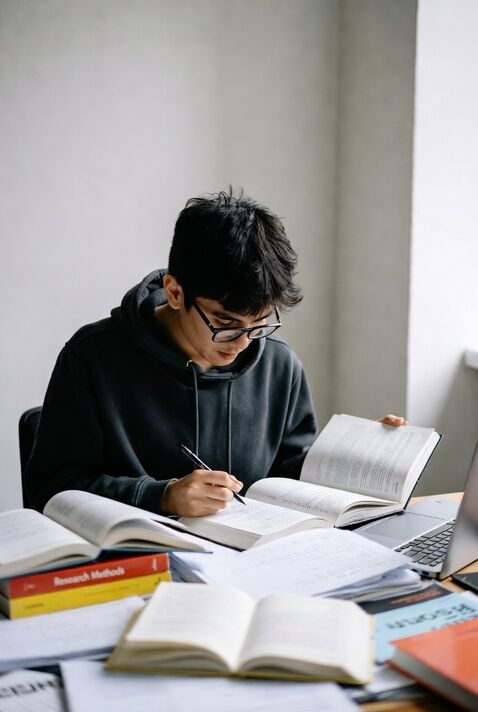 University student researching and writing dissertation in Bristol academic library with books and notes