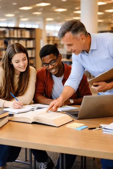 Students working on dissertation research planning with academic guidance in university library