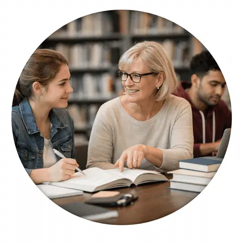 Oxford UK students receiving dissertation research guidance in university library setting