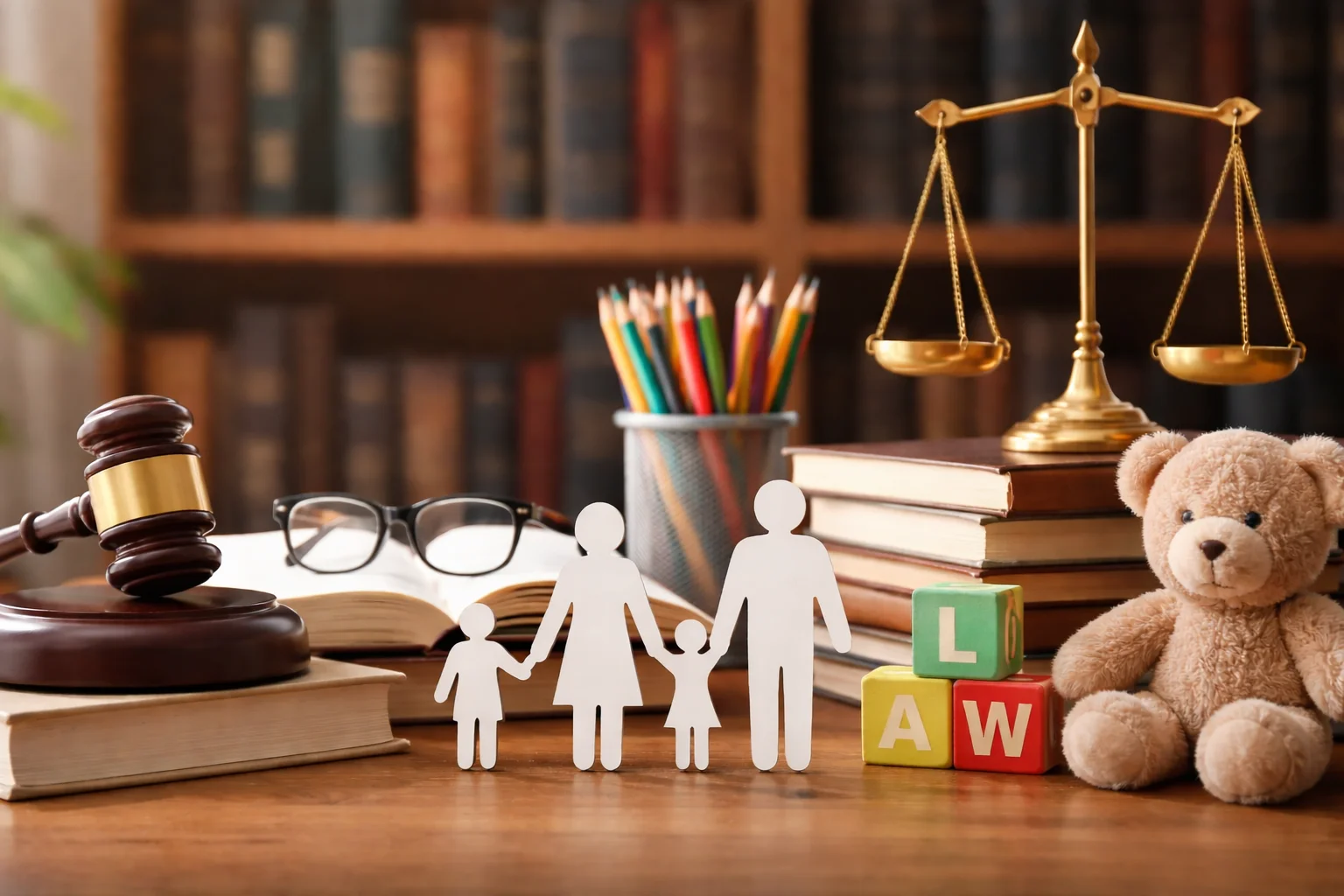 Paper cutout of a family holding hands standing on a wooden desk next to a judge's gavel, scales of justice, law books, and a teddy bear in a law office.
