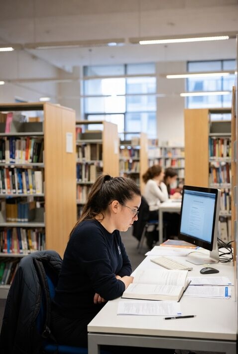 Focused student studying dissertation in university library with laptop and books