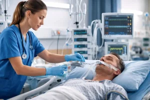 A female nurse in blue scrubs and gloves adjusting a mechanical ventilator interface for a male patient lying in an intensive care unit bed surrounded by medical monitors.