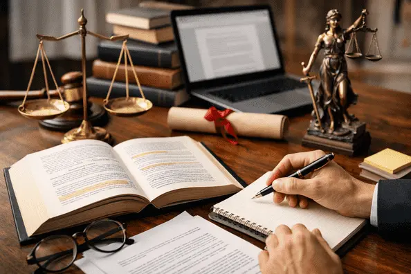 Student researching law dissertation with legal books, laptop, scales of justice, and notes for academic writing.