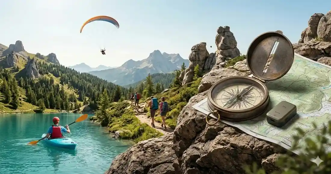 A panoramic view of an outdoor adventure featuring a kayaker on a turquoise alpine lake, hikers on a mountain trail, a paraglider in the sky, and a close-up of a vintage compass and map on a rocky foreground.