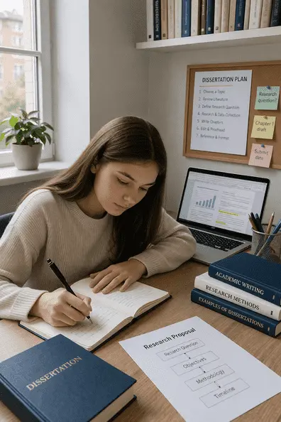 Student writing dissertation notes with books on academic writing, research methods, and examples of dissertations, alongside a laptop displaying research data.