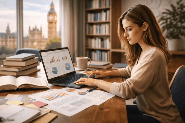 University student analysing marketing research data and preparing a marketing dissertation project.