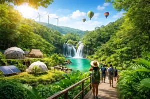 Travelers exploring a lush eco tourism destination with waterfalls, forest cabins, solar panels, wind turbines, and hot air balloons