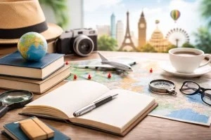 Travel themed workspace with map, globe, camera, notebook, airplane model, and coffee cup for tourism dissertation research