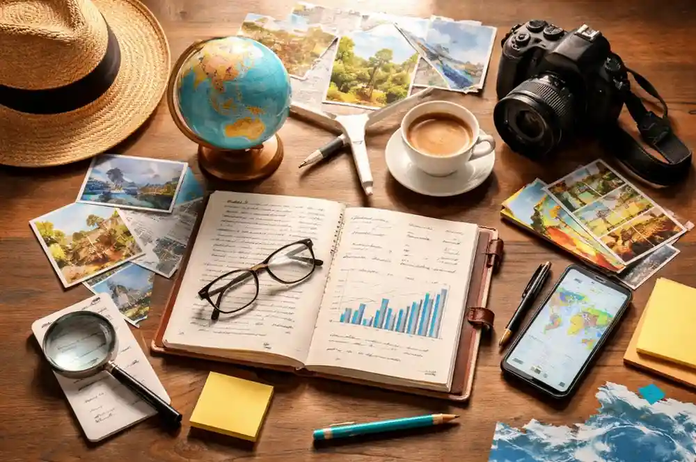 Overhead view of a wooden desk filled with travel essentials, including an open journal with charts, a small globe, a DSLR camera, a coffee cup, postcards, glasses, a smartphone displaying a map, and a straw hat.