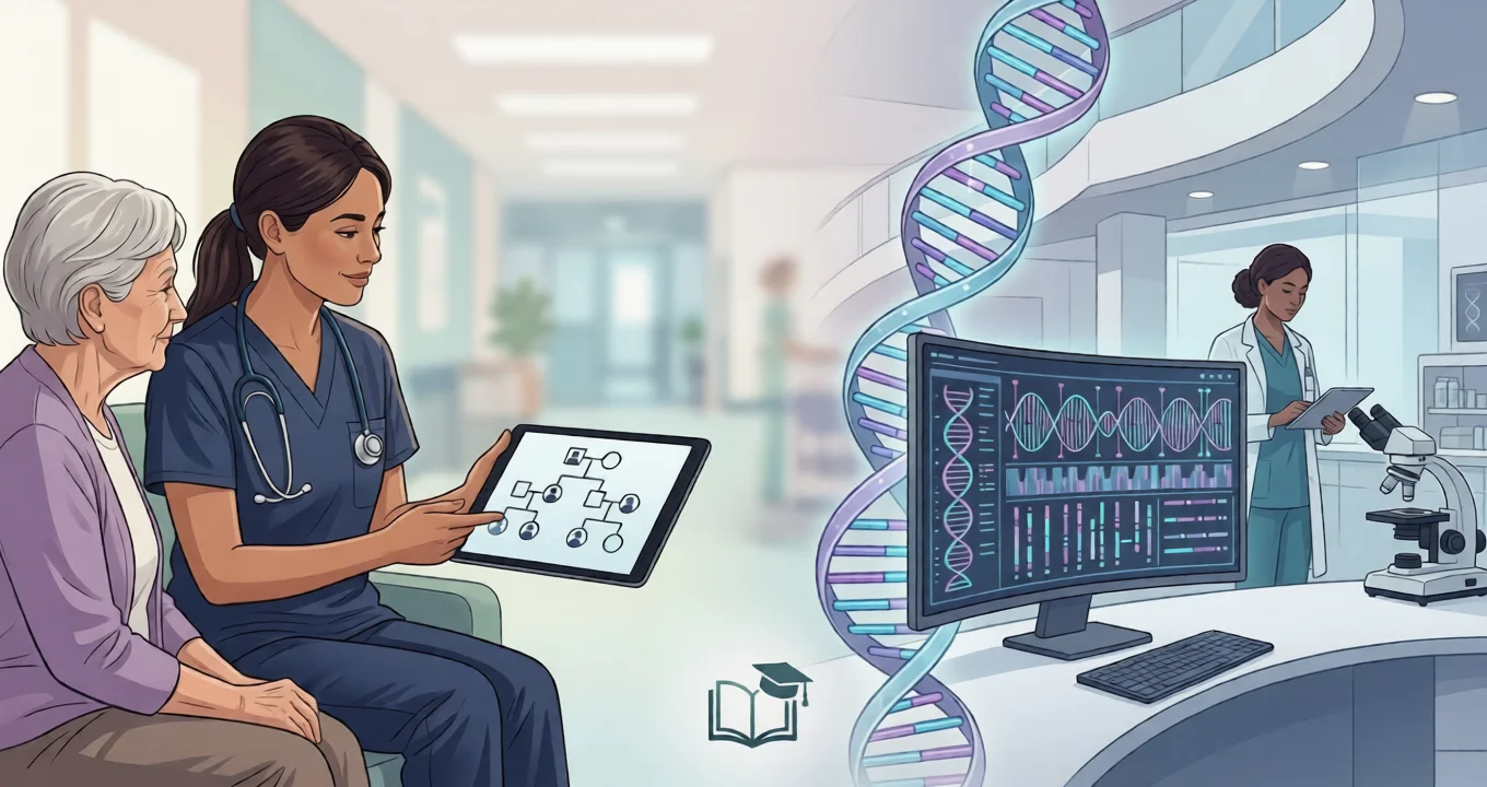 A nurse uses a tablet with a family tree diagram during a consultation with an elderly patient and her daughter, illustrating genetic counseling. This scene is paired with a research lab environment featuring a large screen displaying DNA sequences, lab equipment, and a large DNA helix, symbolizing the connection between nursing care and genetic research for a dissertation topic feature image.