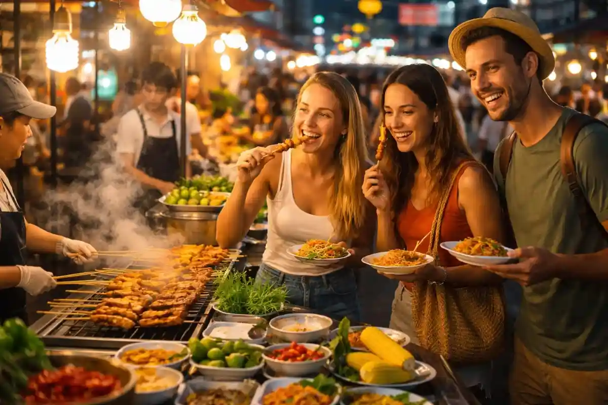 Close-up of happy friends eating satay skewers and noodles at a vibrant outdoor food market.