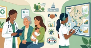 Illustration of public health professionals analyzing community health data on a map while a doctor cares for a family, featuring icons for environment, government, and emergency services.