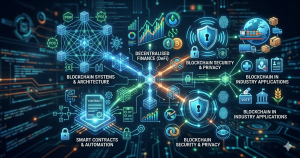 A high-tech digital infographic illustrating various blockchain research domains, including DeFi charts, shield icons for security, smart contract documents, and supply chain logistics symbols, all interconnected by glowing neon data lines on a dark circuit board background.