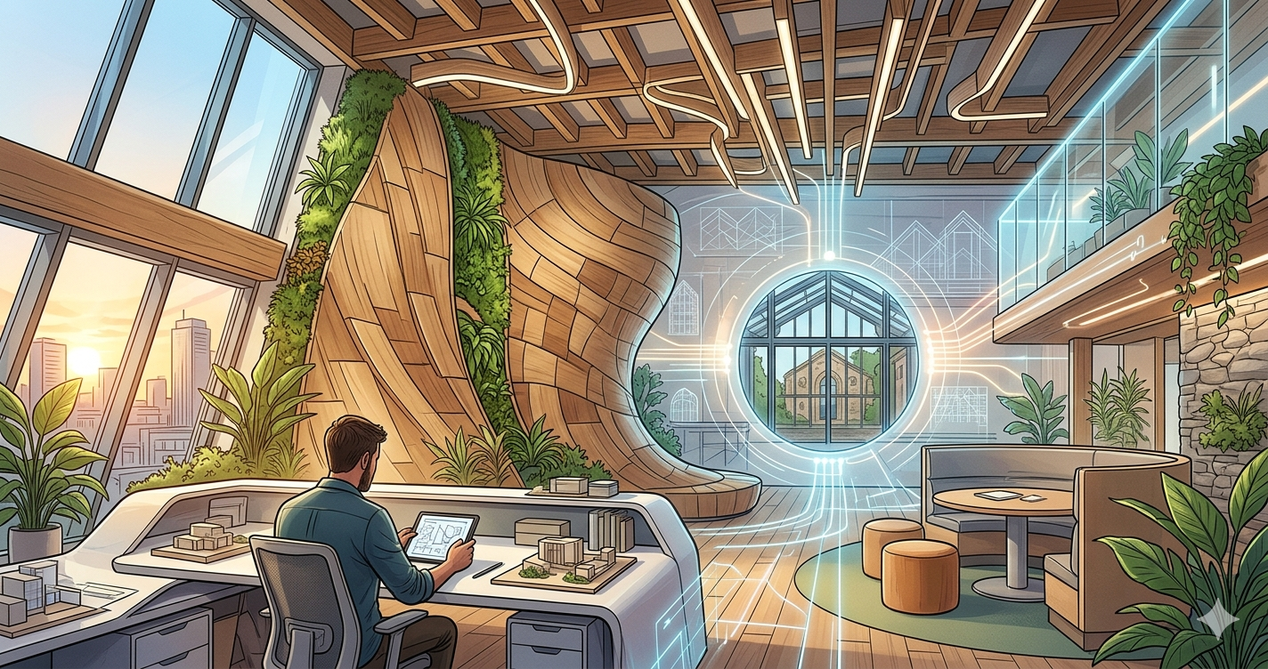 A high-tech interior architecture studio showcasing biophilic green walls, adaptive reuse concepts, smart lighting technology, and sustainable wood structures in a modern 1200x628 layout.