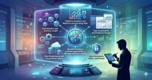 A futuristic illustration showing a student interacting with a holographic interface that displays different areas of modern Business Intelligence research, such as Data Analytics, Predictive ML Integration, Cloud Infrastructure, and Data Governance.