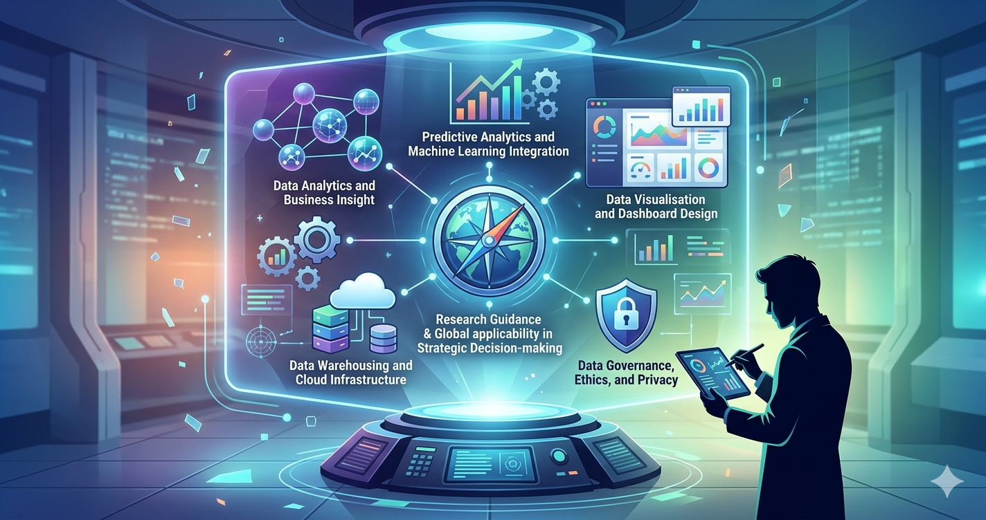A futuristic illustration showing a student interacting with a holographic interface that displays different areas of modern Business Intelligence research, such as Data Analytics, Predictive ML Integration, Cloud Infrastructure, and Data Governance.