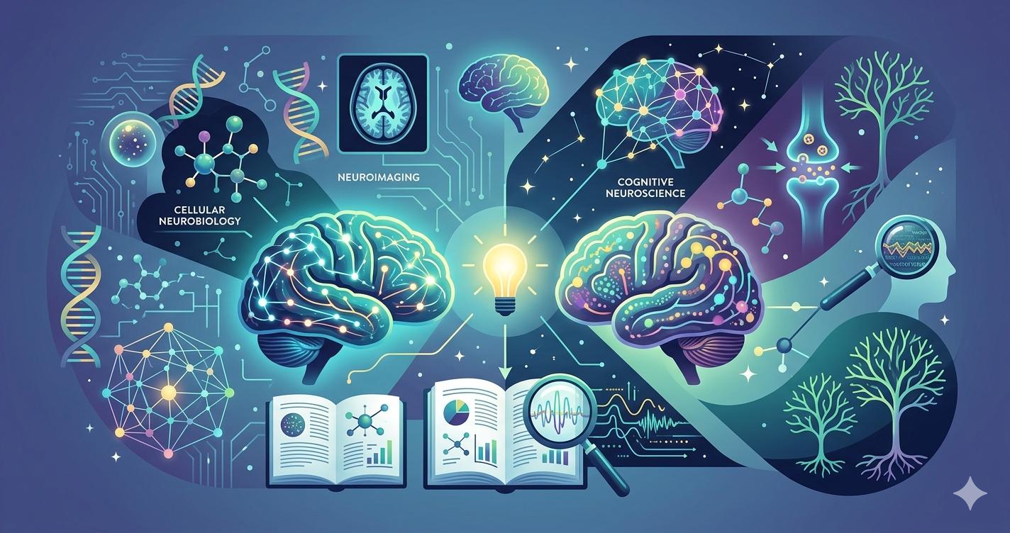 A dynamic, infographic-style feature image representing the broad and complex field of neurobiology research. Multiple glowing human brains are center-stage, displaying intricate neural networks and active connectivity. Floating around them are symbolic visualizations representing different subfields: DNA strands and cellular structures (molecular biology), detailed neuroimaging brain scans (fMRI), stylized connections (cognitive and behavioral neuroscience), emerging tree-like patterns (neuroplasticity and development), and glowing synapses with neurotransmitters (mechanisms). These biological elements flow towards opened academic journals with diagrams and data, and magnifying glasses analyzing the research flow, all within a deep blue and purple scientific cosmic-network background, symbolizing the pursuit of knowledge and discovery in brain science. No text is visible.