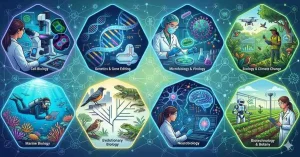 A collage of six hexagonal panels against a blue network background, each featuring a biological scene like cell biology, genetics, microbiology, ecology, marine biology, and biotechnology.