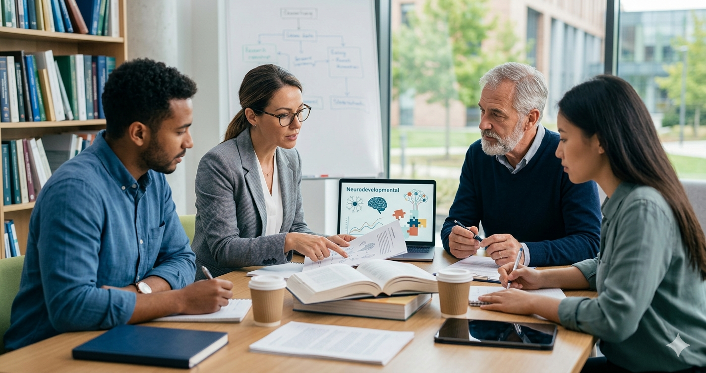 A diverse group of four researchers and students sitting around a wooden table in a bright, modern university library. They are reviewing academic papers, books, and a laptop displaying a colorful neurodevelopmental brain graphic with puzzle pieces. The atmosphere is focused and collaborative, representing the depth of autism dissertation research.