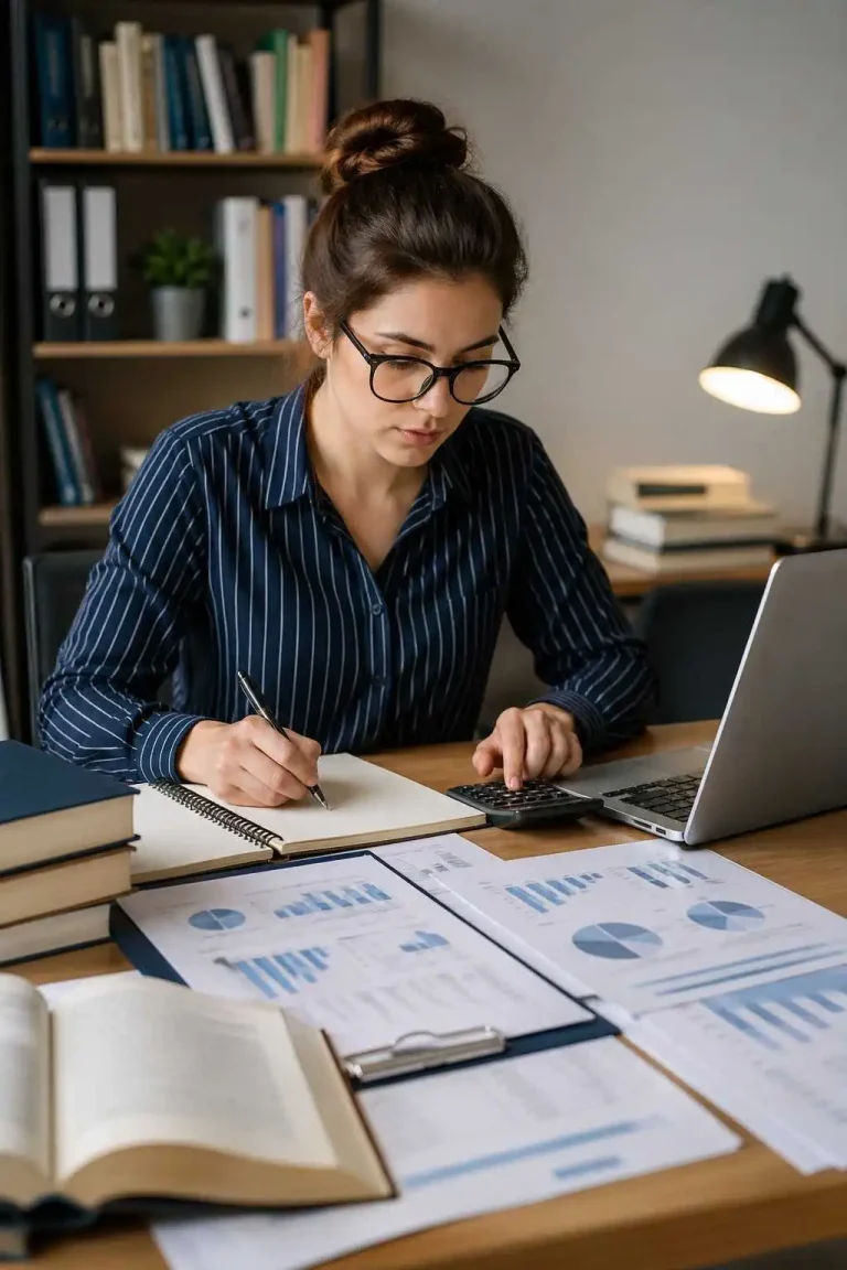Student analysing financial data with calculator and laptop while writing accounting dissertation notes