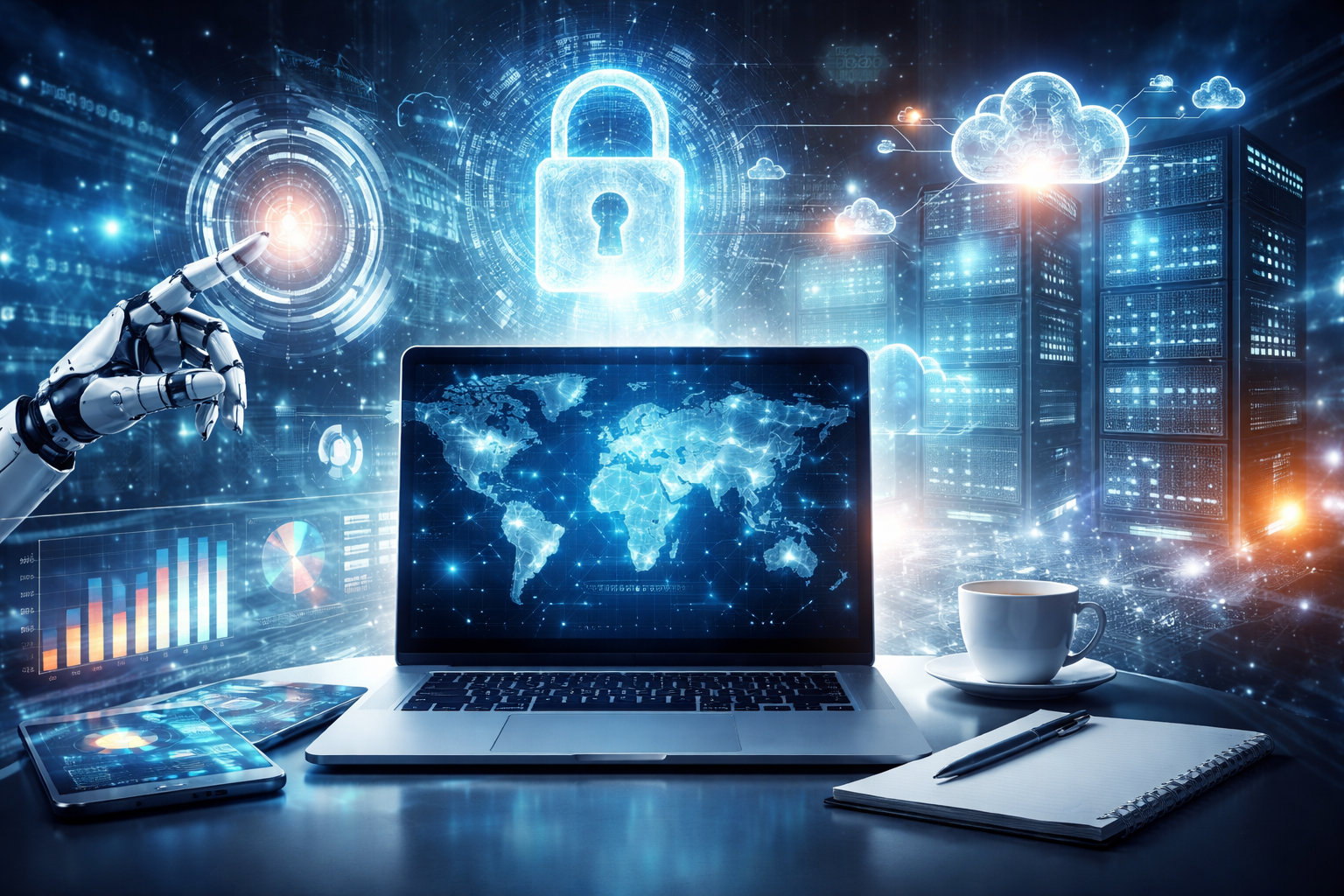Futuristic information technology concept showing AI, cybersecurity, cloud computing, and data analytics with a laptop, digital world map, and connected systems in a high-tech environment.