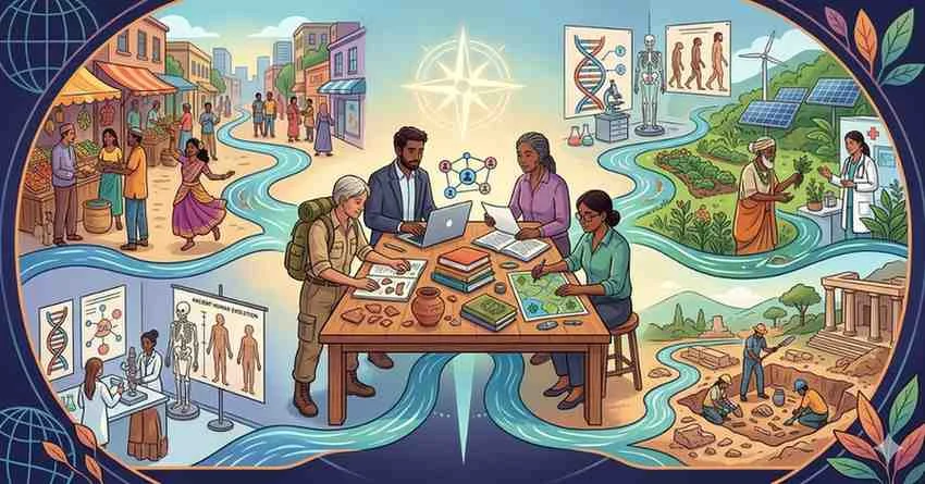 A collage of researchers collaborating on diverse anthropological fields including cultural rituals, human evolution, archaeology, and environmental sustainability for 2026 academic research.