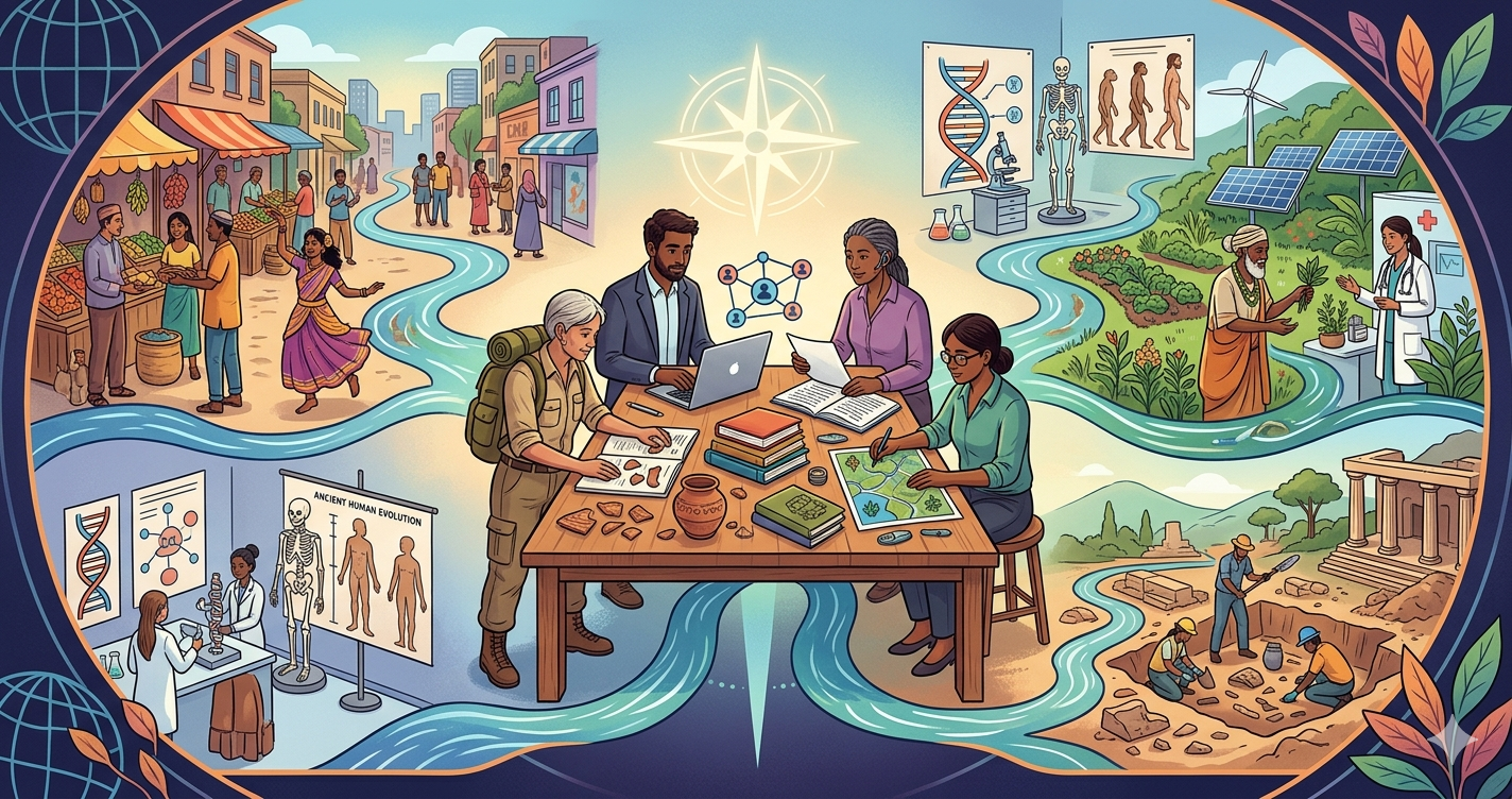 A collage of researchers collaborating on diverse anthropological fields including cultural rituals, human evolution, archaeology, and environmental sustainability for 2026 academic research.