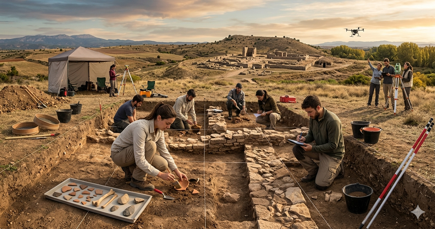 Students and researchers actively digging and documenting an archaeological excavation trench with ancient stone foundations and artifacts, set within a rolling landscape and historical ruins under a warm sunset light.