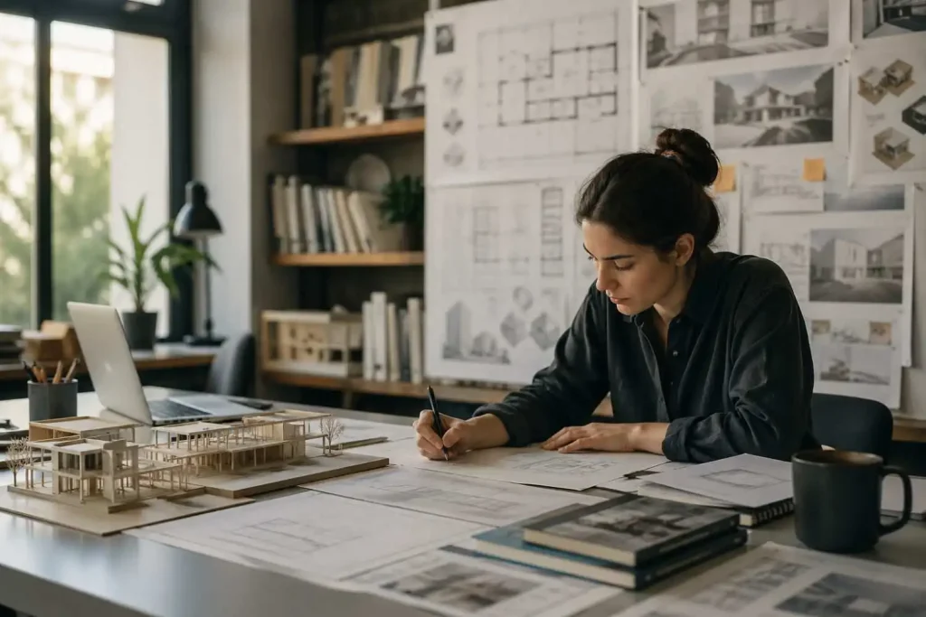Architecture student sketching building plans in a modern design studio with models and blueprints