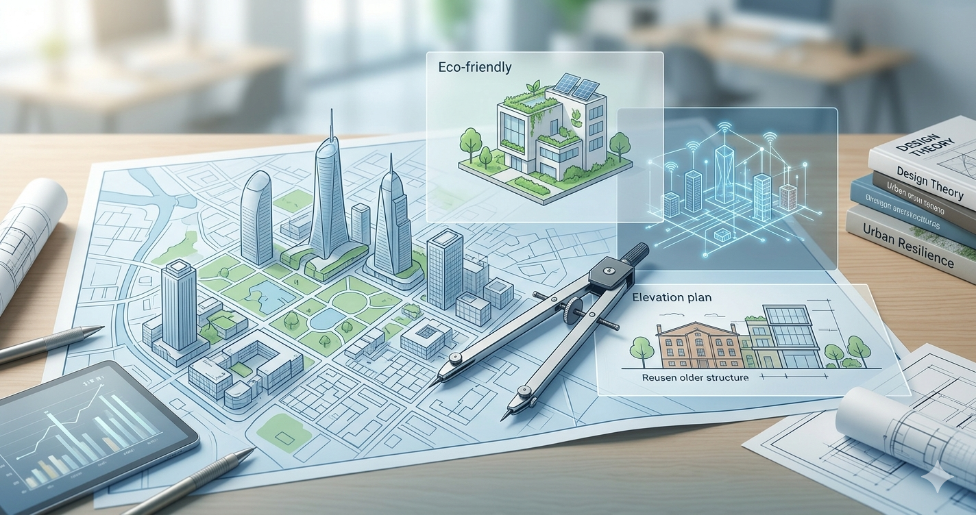 A collage illustrating various architecture dissertation themes for 2026, including smart city data, eco-friendly buildings, and sustainable urban design, with a focus on blending technology and environment.