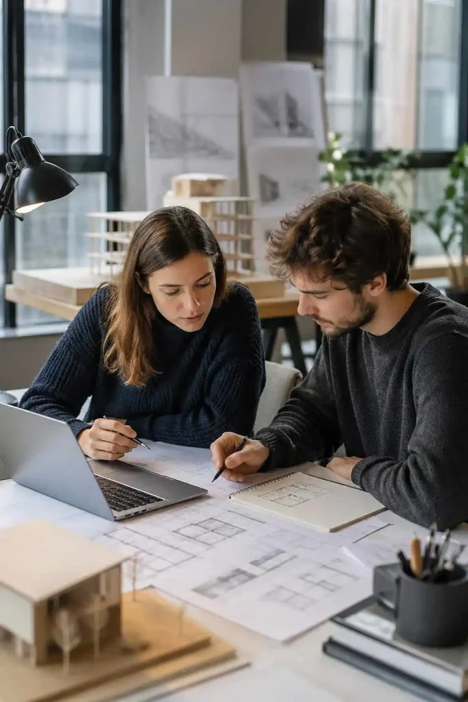 two architecture students collaborating on dissertation planning with laptop drawings and notes in modern studio