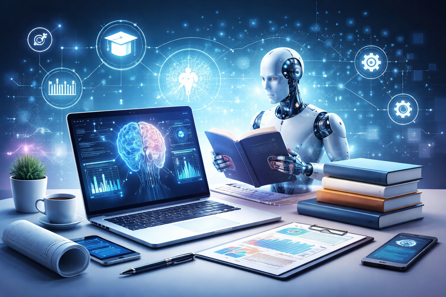 Futuristic artificial intelligence workspace with a humanoid robot reading a book beside a laptop displaying neural network data, surrounded by research materials and digital AI icons.