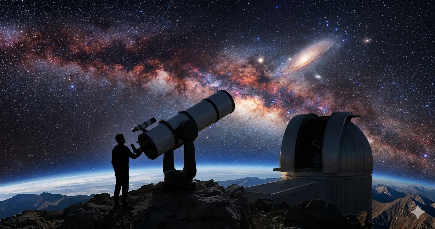 A dramatic feature image (1200x628) for an astronomy article, featuring a lone astronomer on a mountain observatory under a vast, colourful, star-filled night sky, using a telescope to observe a distant galaxy. The image has no text and is ideal for an academic blog post on dissertation topics