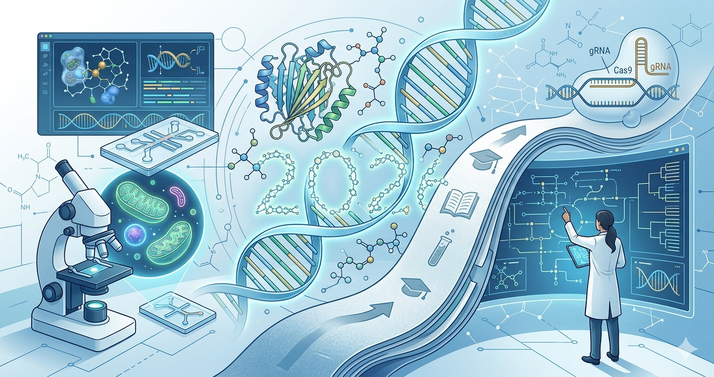 Modern digital illustration showing a DNA double helix, protein structures, and a microscope alongside computational analysis screens and CRISPR gene-editing models, representing diverse 2026 biochemistry research themes.