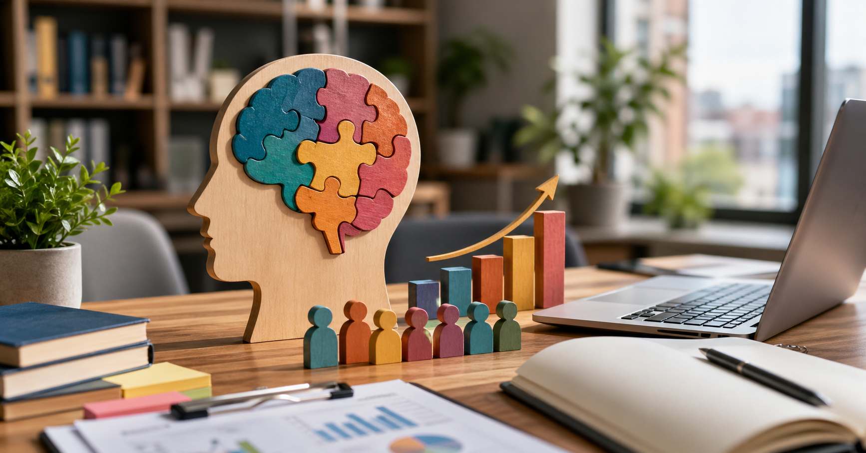 Business psychology concept showing human brain puzzle, team figures, and workplace analytics on desk