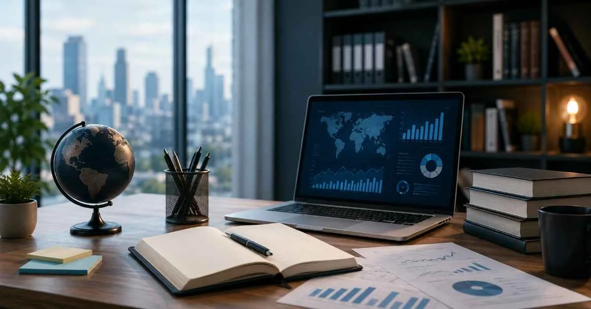 Modern business studies workspace with laptop analytics dashboard, research notes, charts, books, and office desk setup for dissertation planning