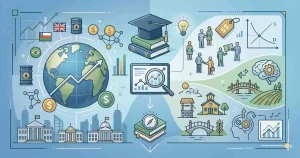 An illustrative diagram for economics dissertation topics, showing split sections for diverse economics subfields and academic tools without text. On the left, a globe with graphs symbolizes macroeconomics; on the right, various icons represent microeconomics, development, and behavioral economics with people, markets, a brain, and data curves. Books, a graduation cap, and a compass signify academic inquiry and guidance in the center.