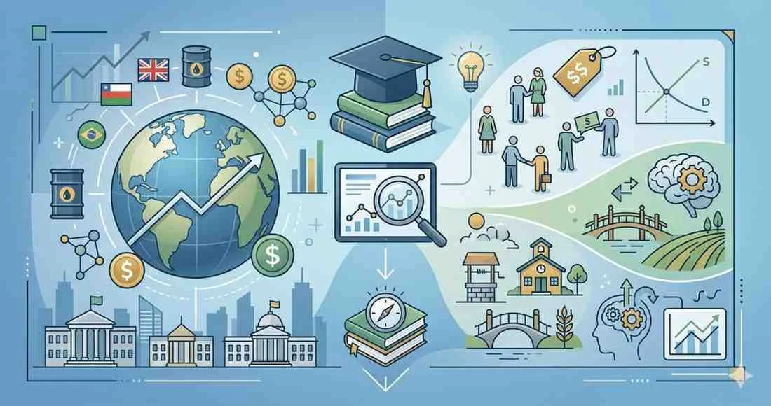 An illustrative diagram for economics dissertation topics, showing split sections for diverse economics subfields and academic tools without text. On the left, a globe with graphs symbolizes macroeconomics; on the right, various icons represent microeconomics, development, and behavioral economics with people, markets, a brain, and data curves. Books, a graduation cap, and a compass signify academic inquiry and guidance in the center.