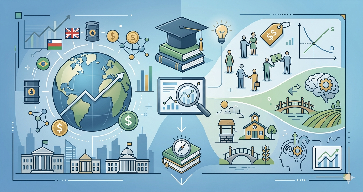 An illustrative diagram for economics dissertation topics, showing split sections for diverse economics subfields and academic tools without text. On the left, a globe with graphs symbolizes macroeconomics; on the right, various icons represent microeconomics, development, and behavioral economics with people, markets, a brain, and data curves. Books, a graduation cap, and a compass signify academic inquiry and guidance in the center.
