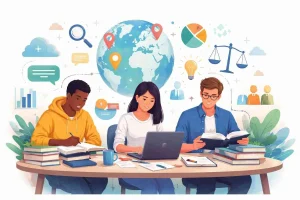 An illustration of three diverse college students studying together at a desk with books and a laptop, with icons of a world globe, scales of justice, charts, and a lightbulb floating in the background.