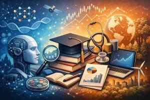 Illustration of data science research with AI robot, analytics charts, graduation cap, healthcare, finance, and environmental elements representing dissertation topics for 2026