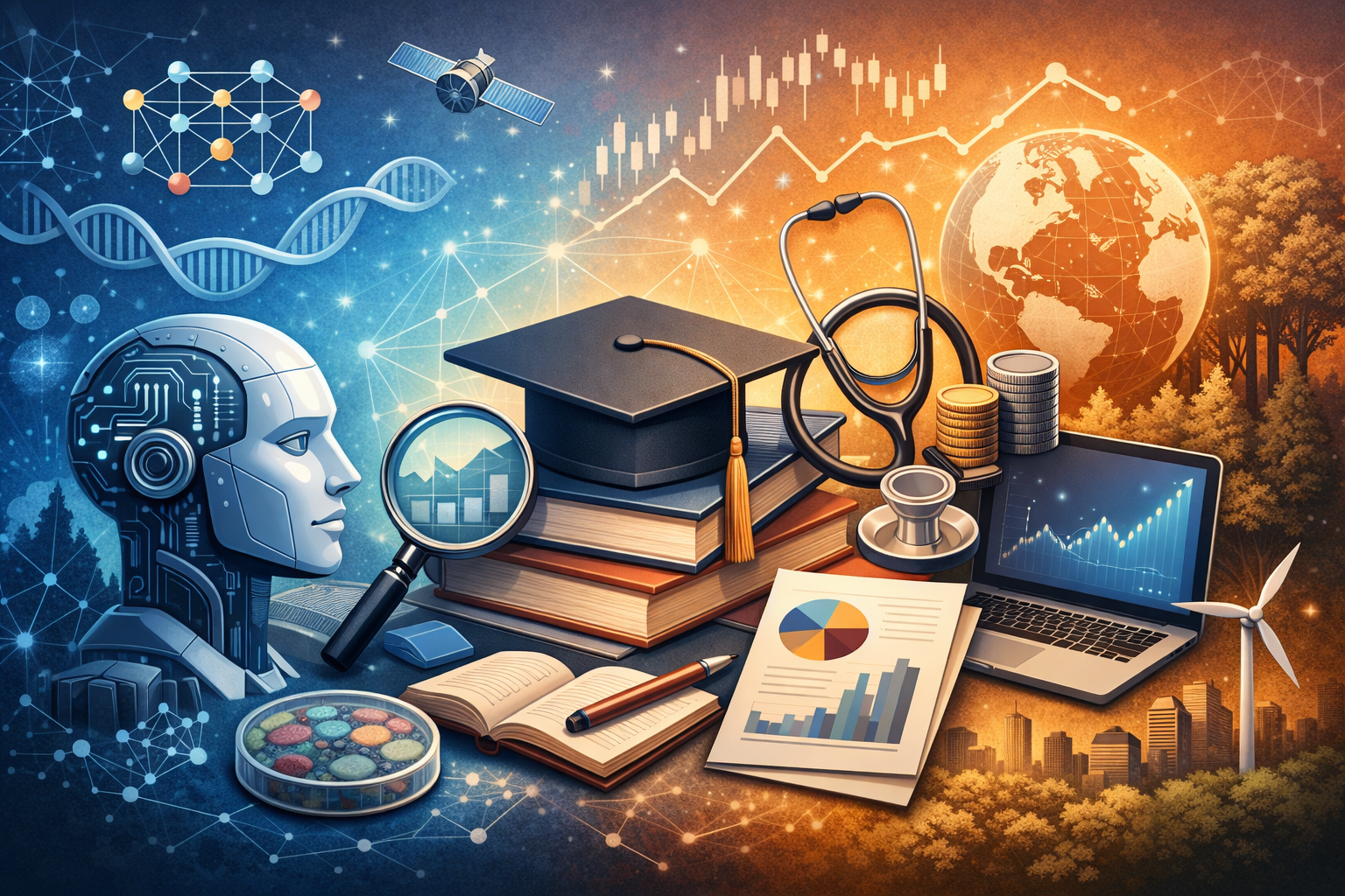Illustration of data science research with AI robot, analytics charts, graduation cap, healthcare, finance, and environmental elements representing dissertation topics for 202