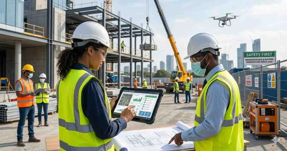 A construction engineer uses a digital tablet displaying site analytics while a drone flies overhead, illustrating the integration of modern technology in construction health and safety management on a 2026 site.