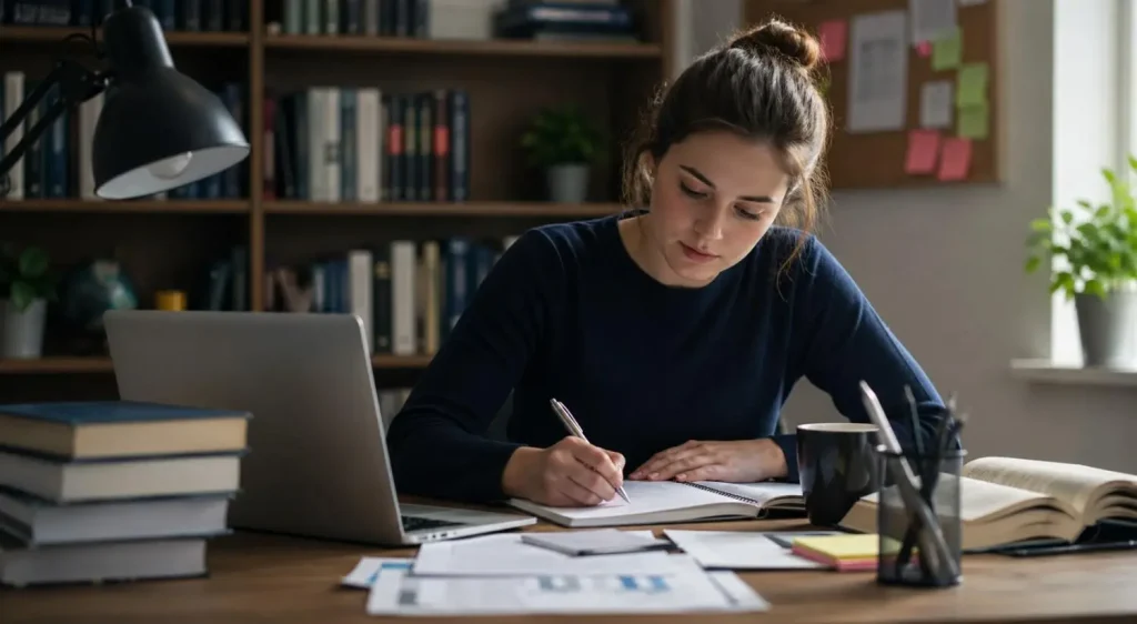 University student writing dissertation introduction at desk with books and laptop in study room