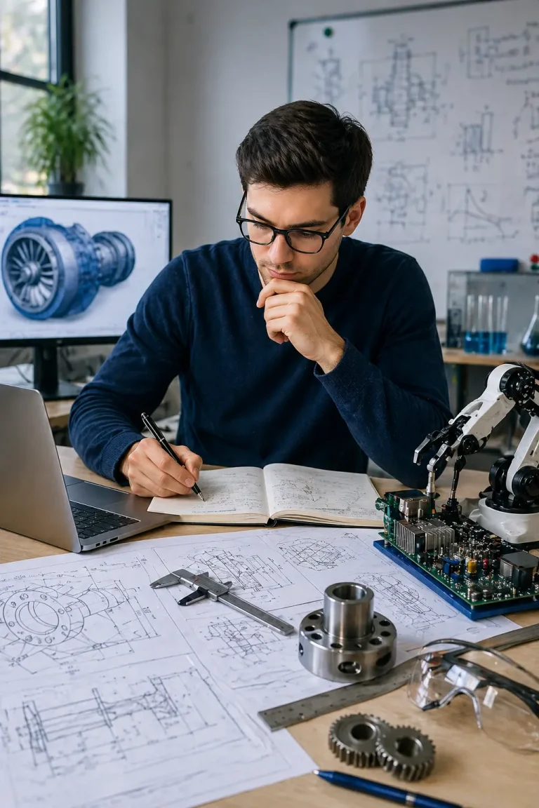 Engineering student analysing technical drawings, robotics components and dissertation research notes at a workstation