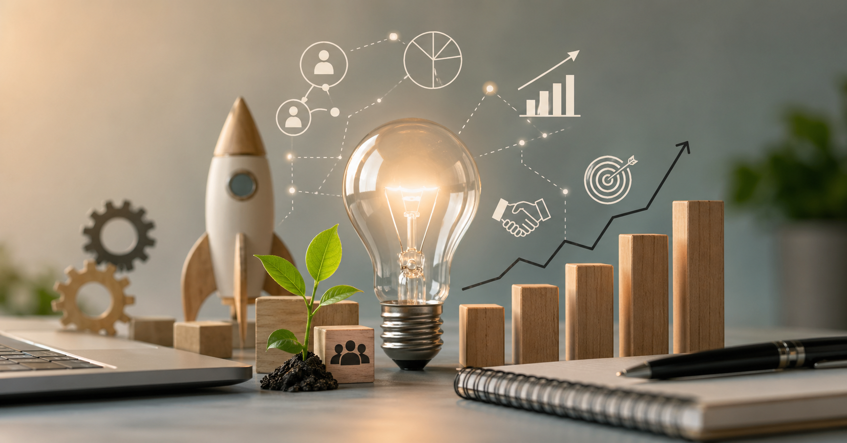 Modern entrepreneurship concept showing a glowing lightbulb, startup growth chart, rocket model, and business icons representing innovation, idea development, and scalable ventures in 2026